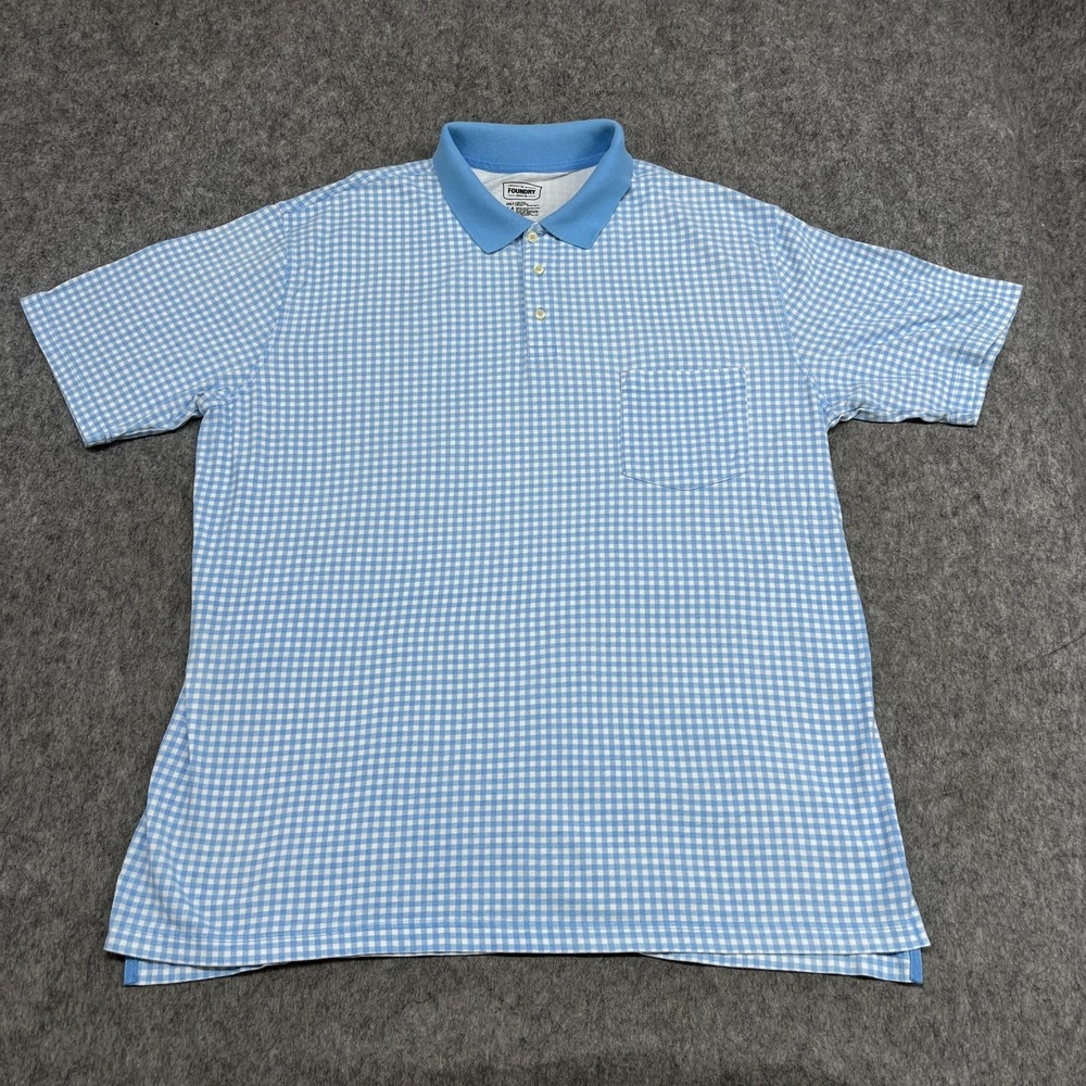 Foundry Supply Co Polo Shirt Mens 2XLT Blue Gingham Cotton Pocket Casual Knit